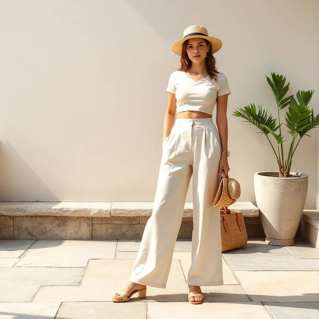 Sunlit model wearing a coordinated two-piece summer outfit with a straw hat and woven bag