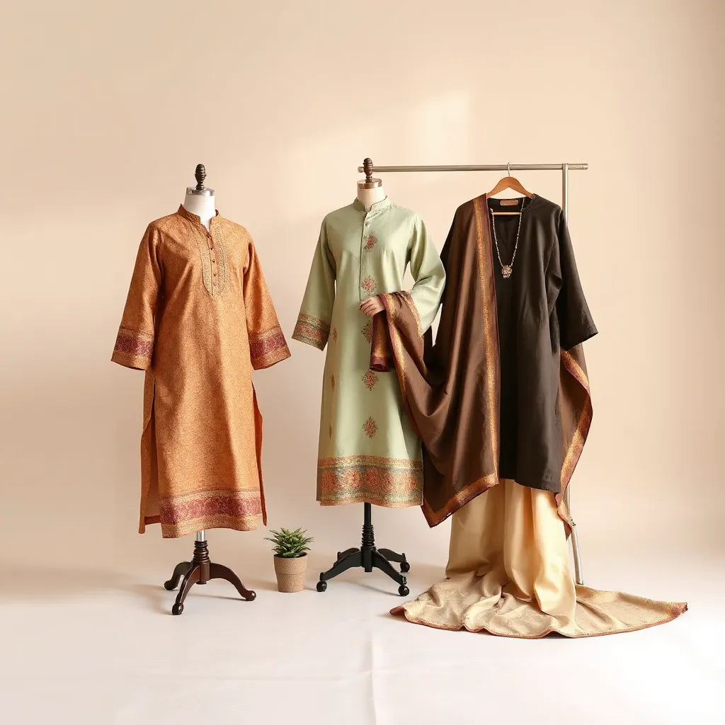 Mannequin and draped fabrics showcasing a coordinated ethnic wear collection with kurta sets, a saree, and a dupatta