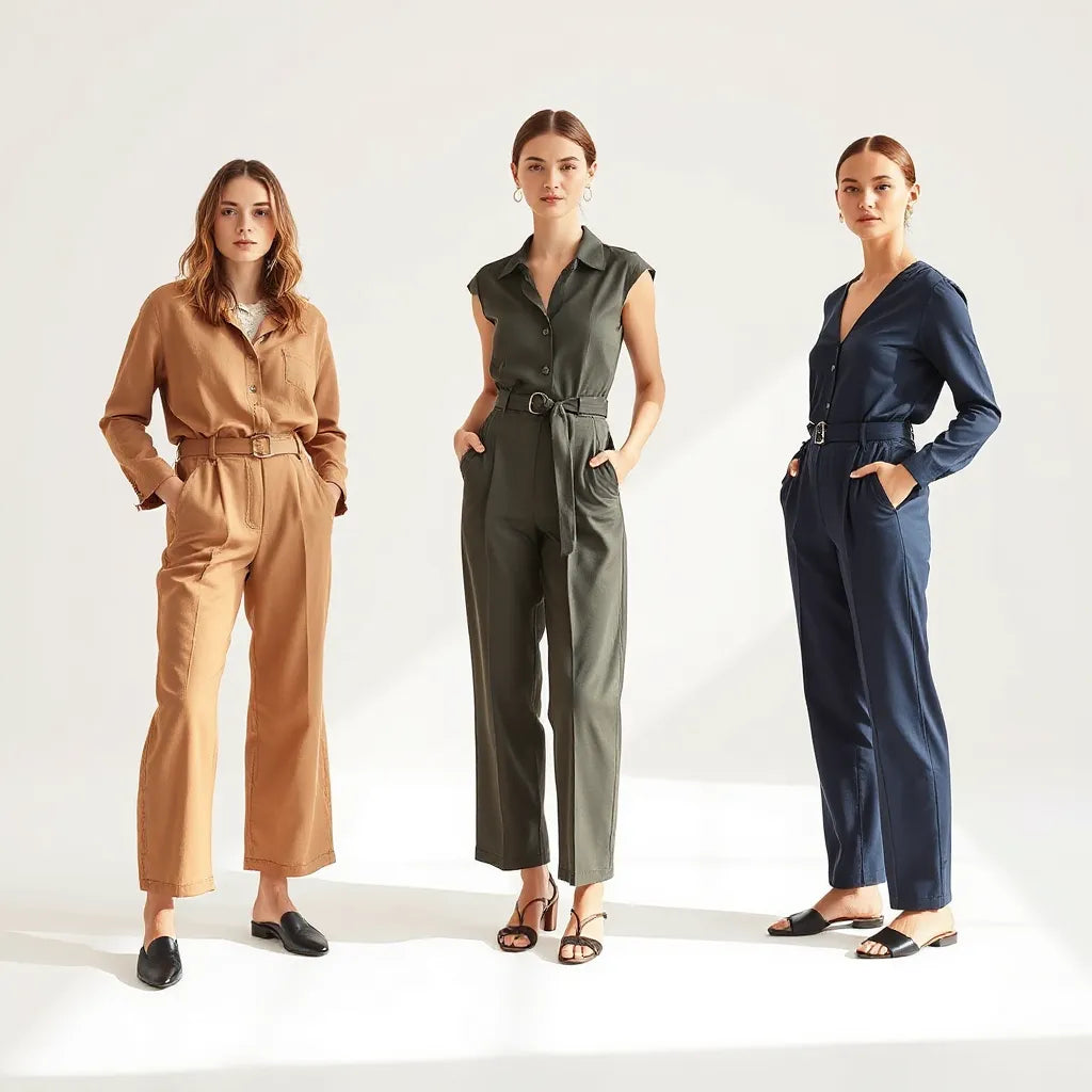 Women wearing tailored jumpsuits in casual, smart-casual, and evening styles in a bright minimal studio