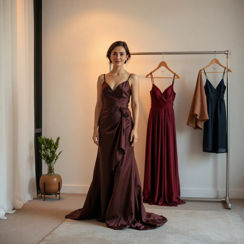 Woman in an elegant satin evening dress with a minimal rack of other dresses in warm light