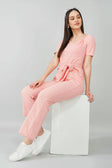 Blush Pink Puff-Sleeve Wrap Jumpsuit