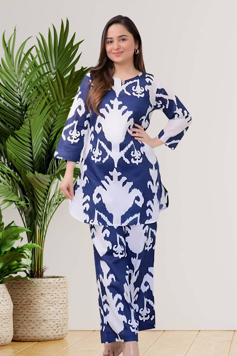 Navy Blue & White Abstract Printed Co-ord Set