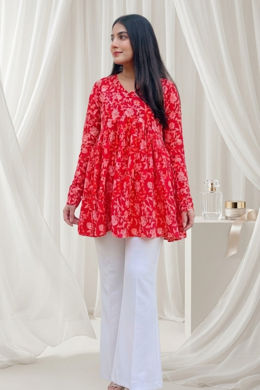 Red Petal Flare Top