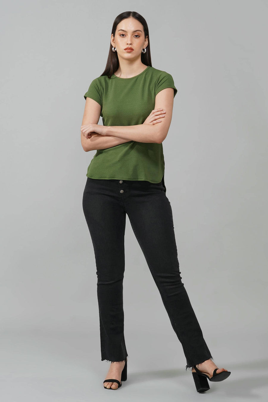 Green Casual Round Neck Top