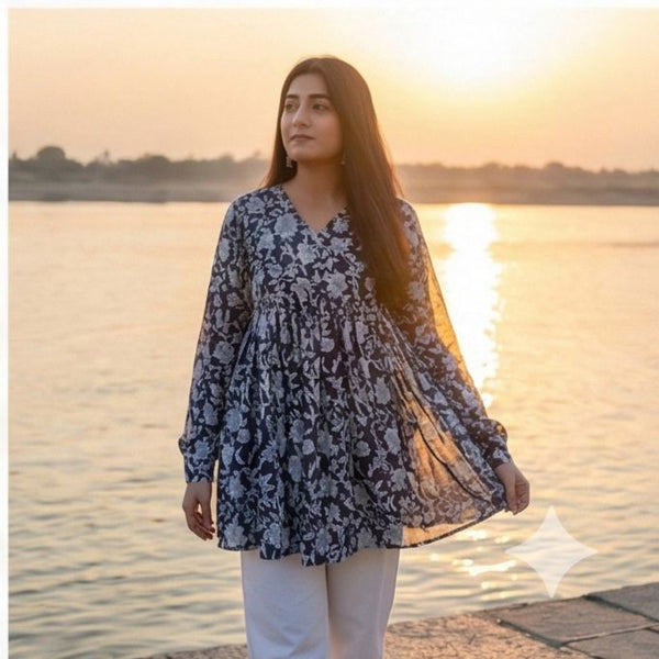 Navy Blue & White Floral Flared Top
