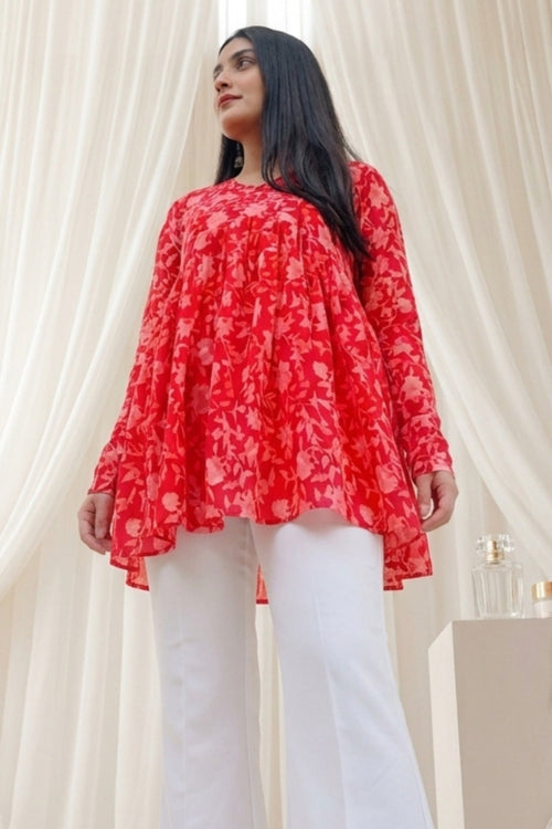 Red Petal Flare Top