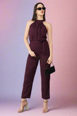 Wine High Neck Belted Jumpsuit