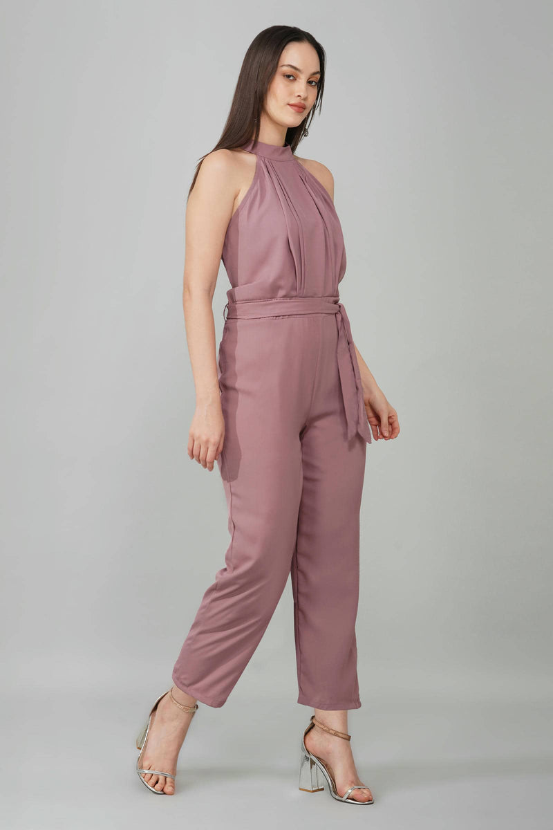 Dusty Pink High Neck Belted Jumpsuit