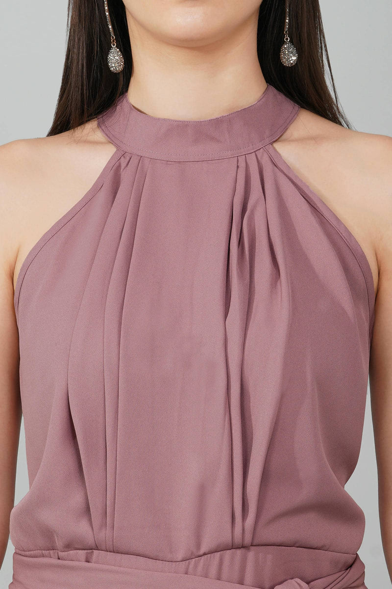 Dusty Pink High Neck Belted Jumpsuit
