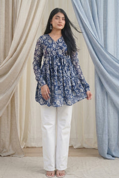 Navy Blue & White Floral Flared Top