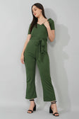 Olive Green Puff-Sleeve Wrap Jumpsuit