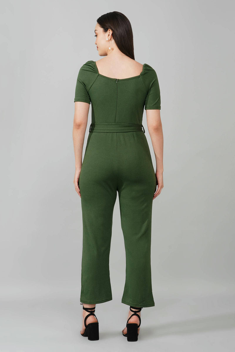 Olive Green Puff-Sleeve Wrap Jumpsuit