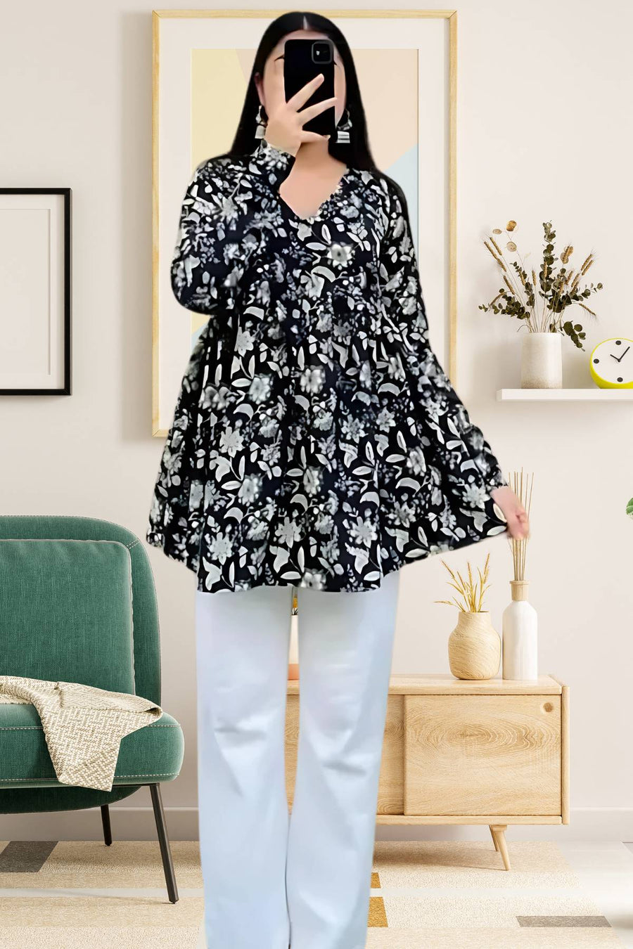 Midnight Bloom Floral Flared Top