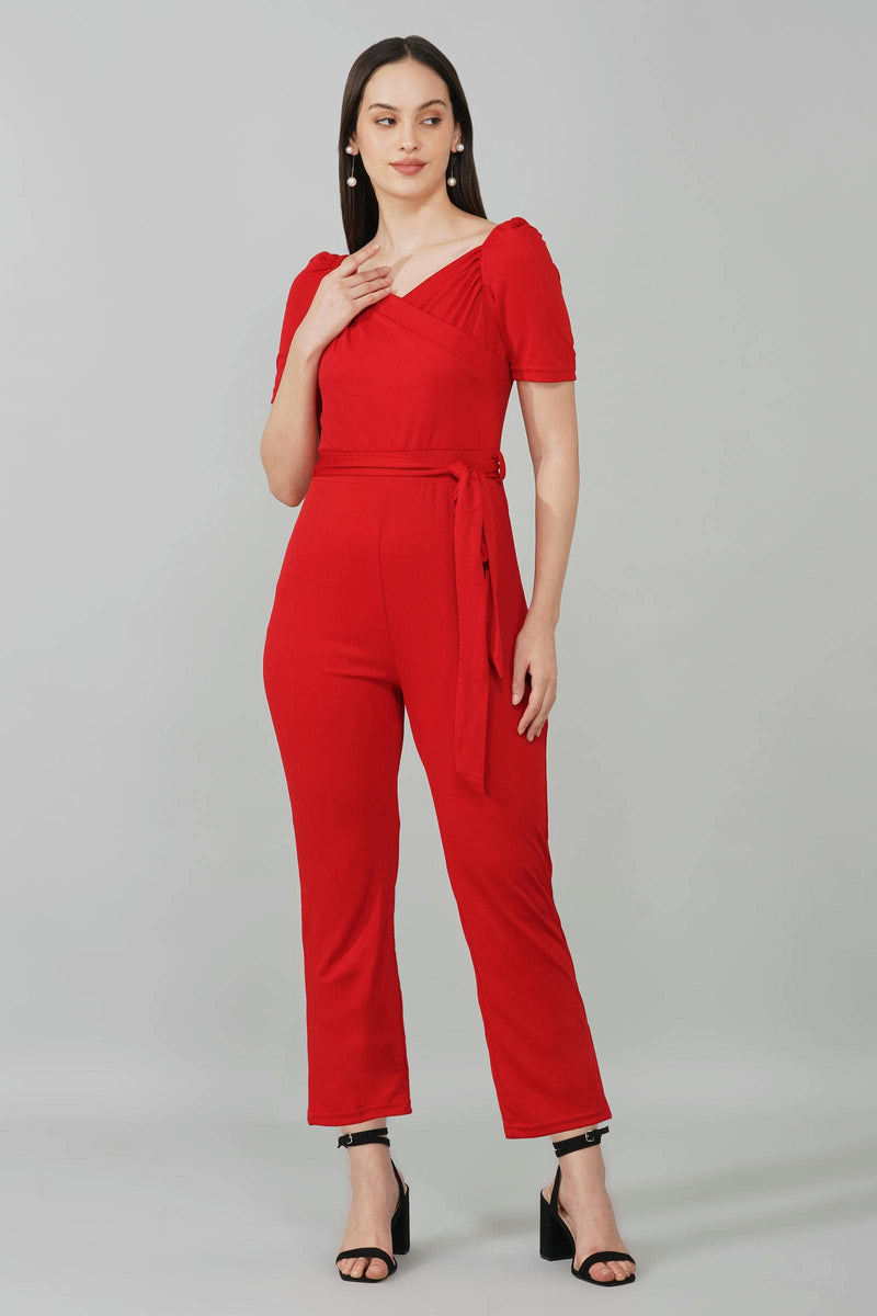 Deep Red Puff-Sleeve Wrap Jumpsuit