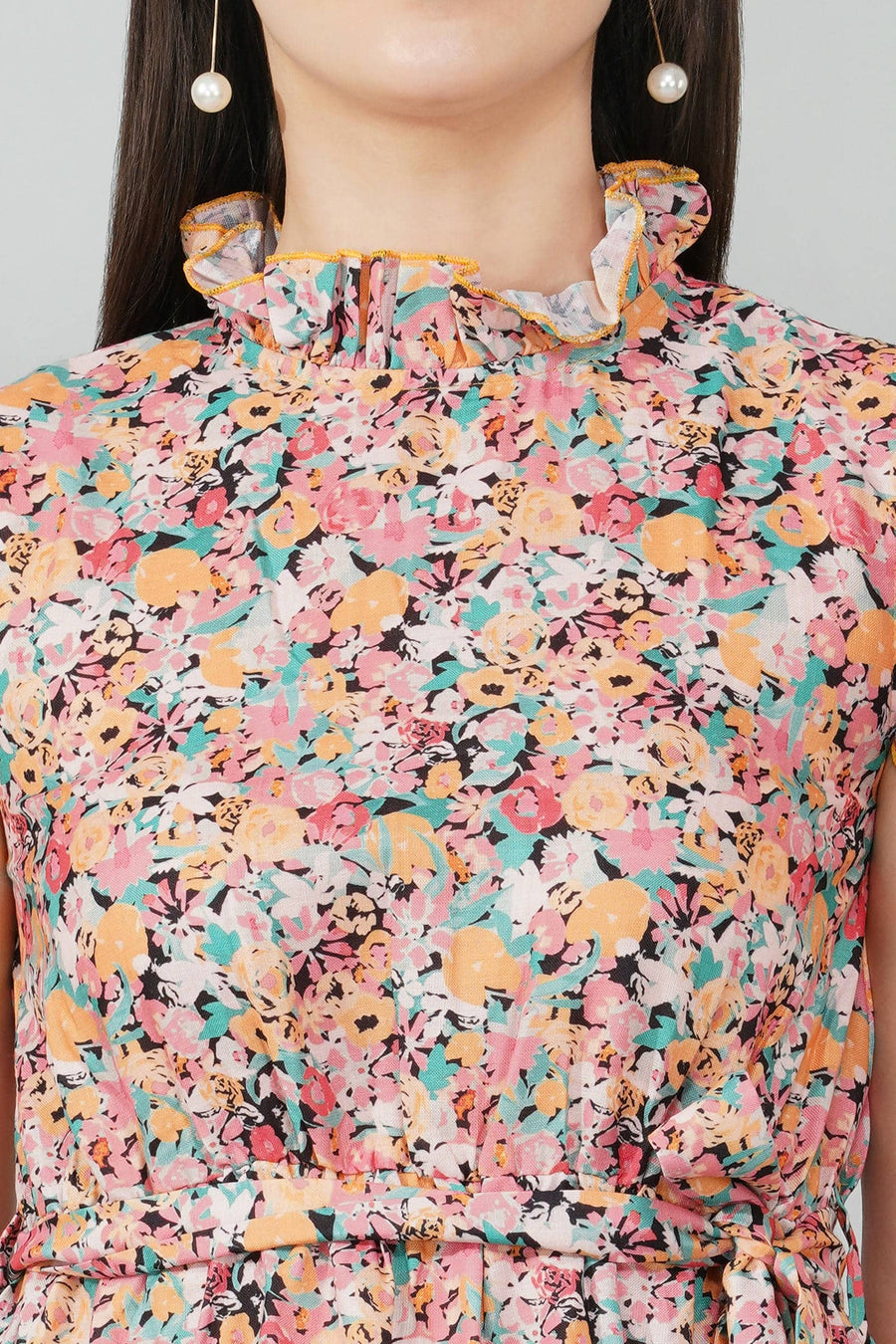 Floral Ruffle Sleeve Belted Dress