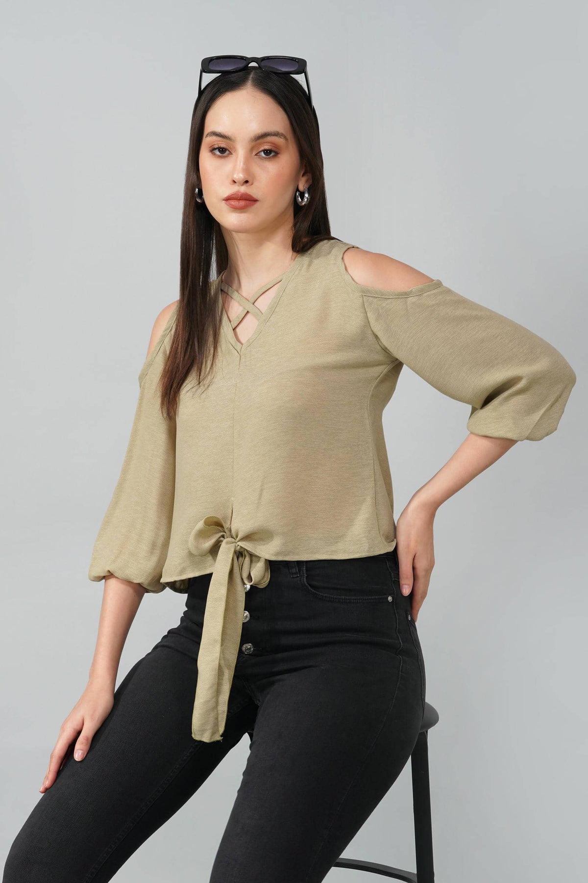 Light Olive Cold Shoulder Tie-Front Top