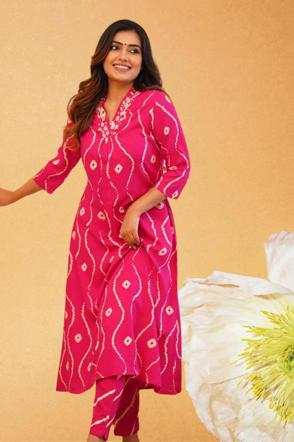 Pink Printed Cotton Kurta Set