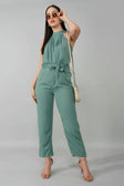 Teal High Neck Belted Jumpsuit