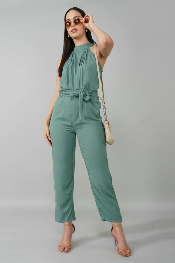 Teal High Neck Belted Jumpsuit