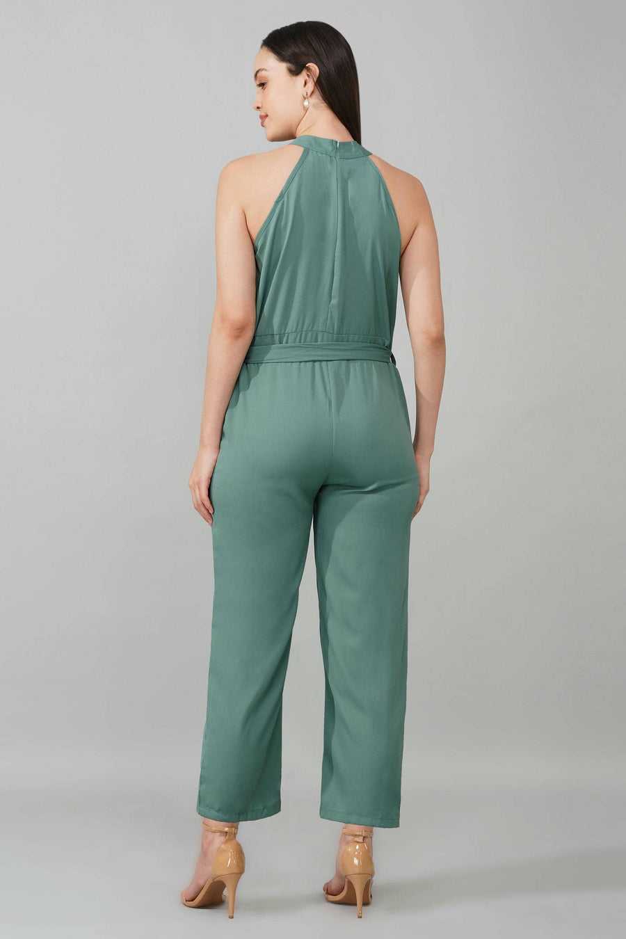 Teal High Neck Belted Jumpsuit