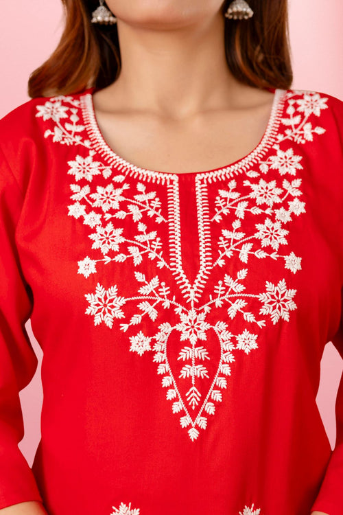 Red Floral Embroidered Short Kurti