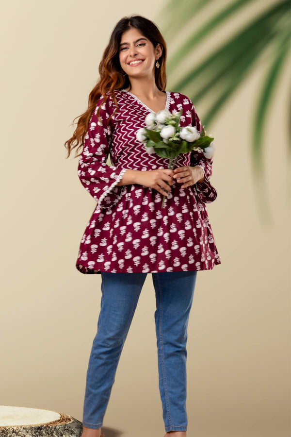 Maroon Angrakha-Style Printed Top