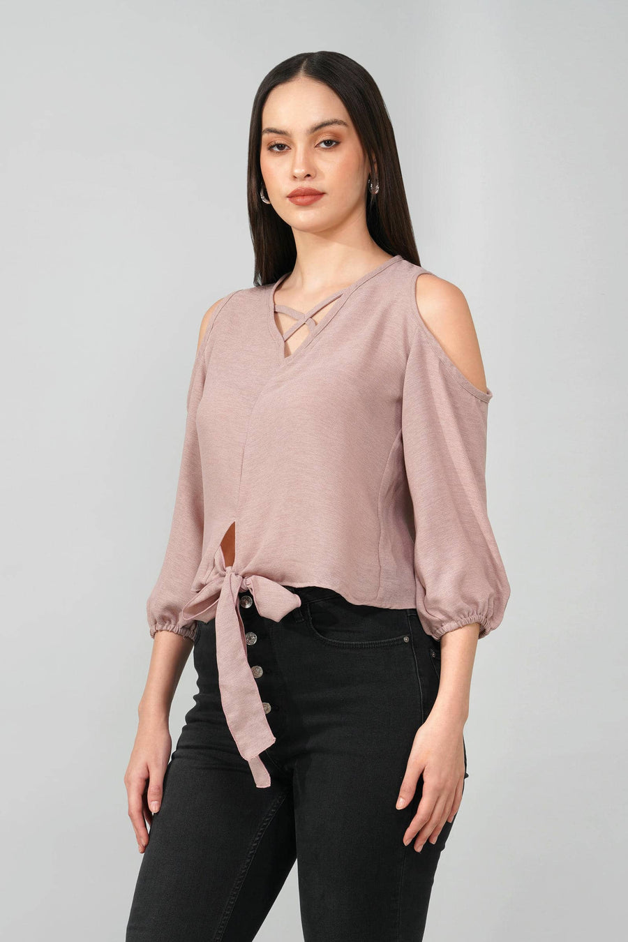 Dusty Pink Cold Shoulder Tie-Front Top