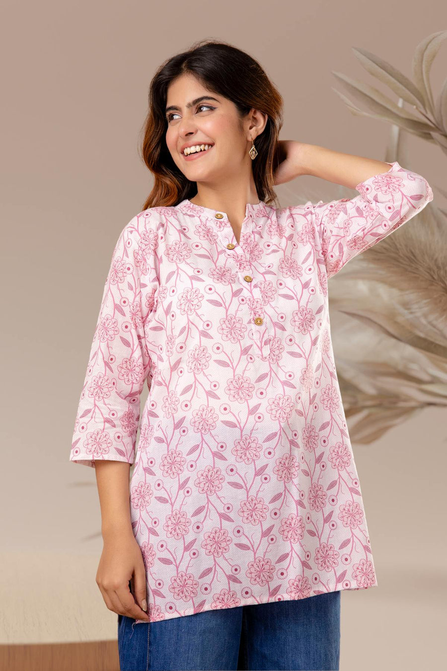 Pink Floral Straight-Fit Short Kurti