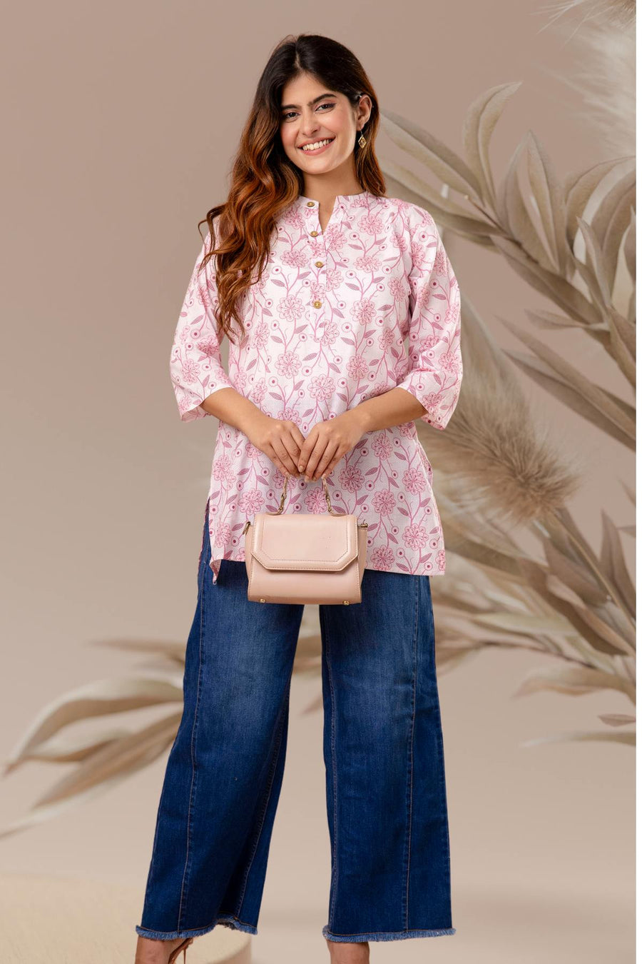 Pink Floral Straight-Fit Short Kurti