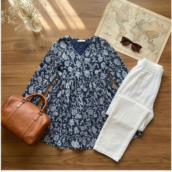 Navy Blue & White Floral Flared Top