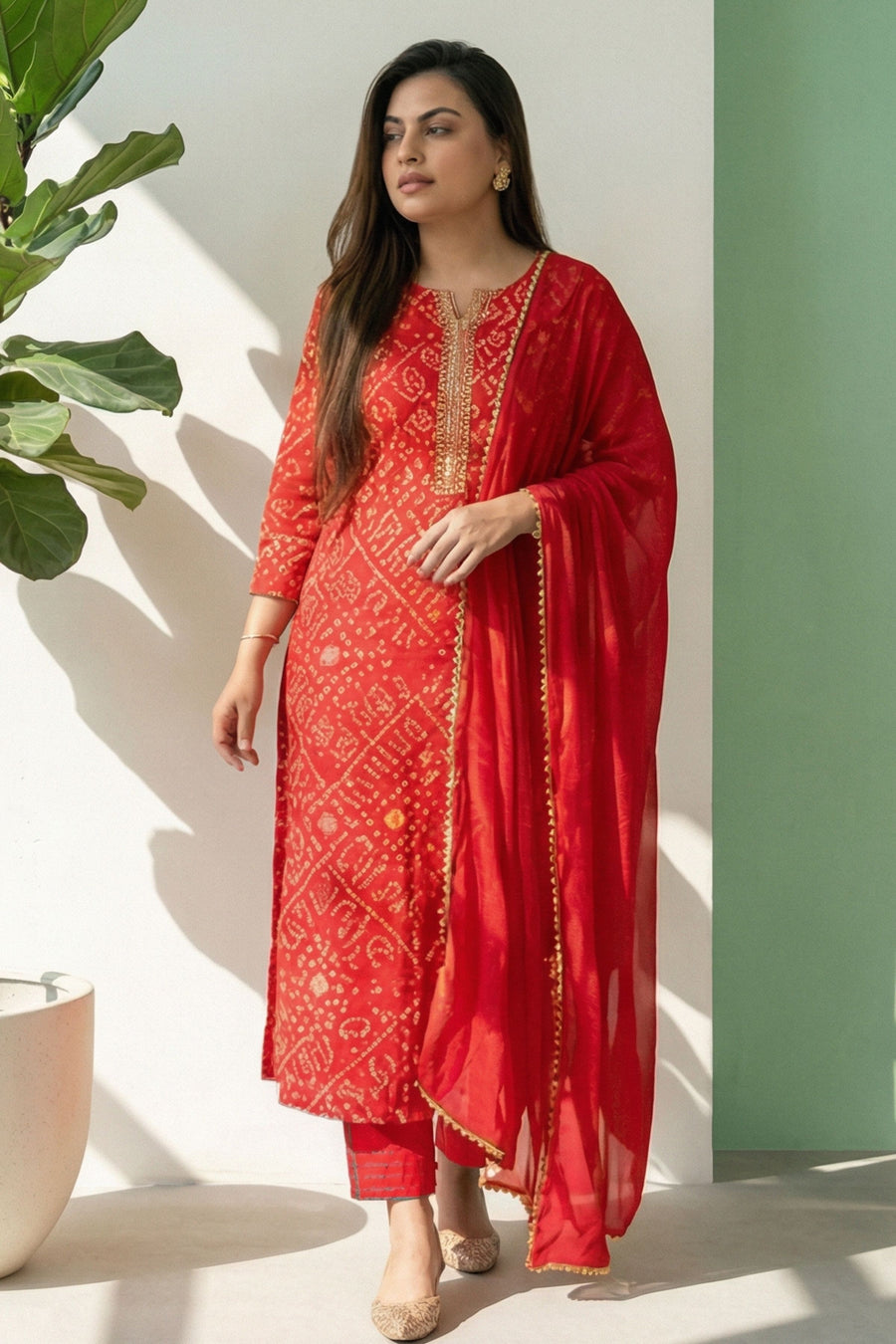 Red Bandhani Kurta Set