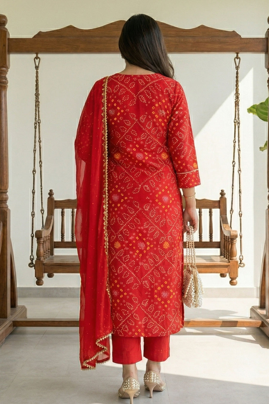 Red Bandhani Kurta Set