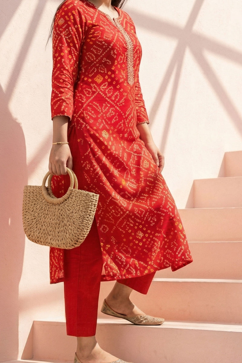 Red Bandhani Kurta Set