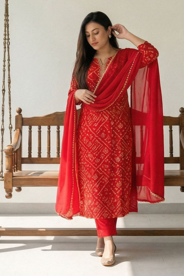 Red Bandhani Kurta Set