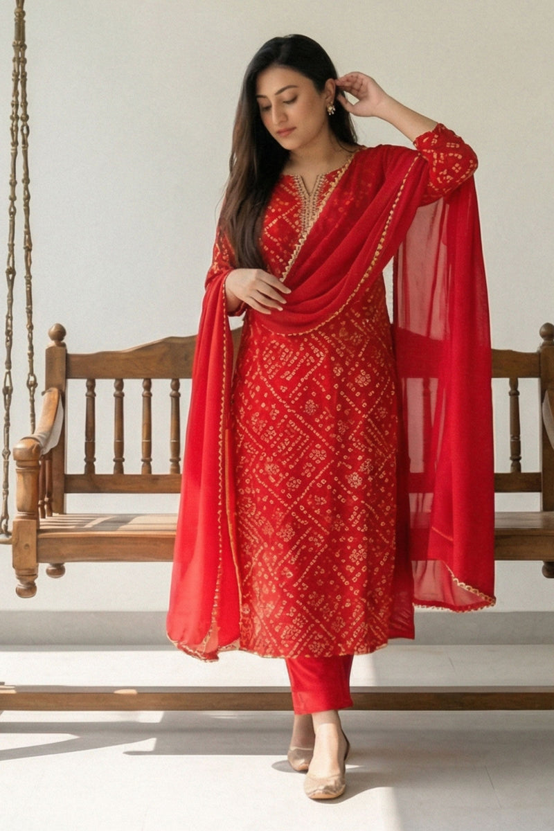 Red Bandhani Kurta Set