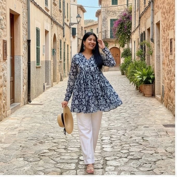 Navy Blue & White Floral Flared Top
