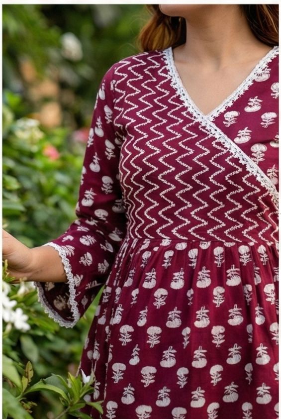 Maroon Angrakha-Style Printed Top