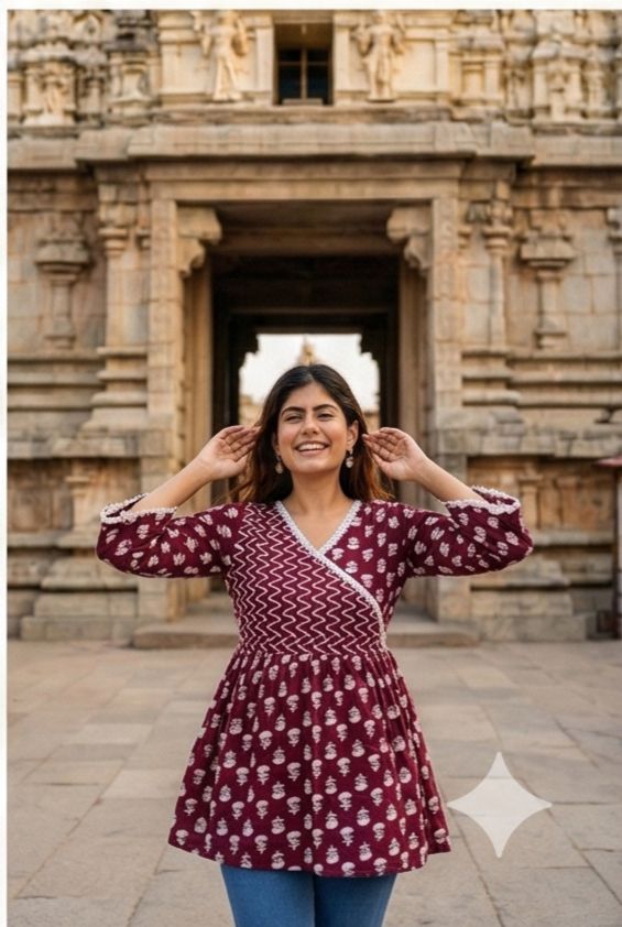 Maroon Angrakha-Style Printed Top